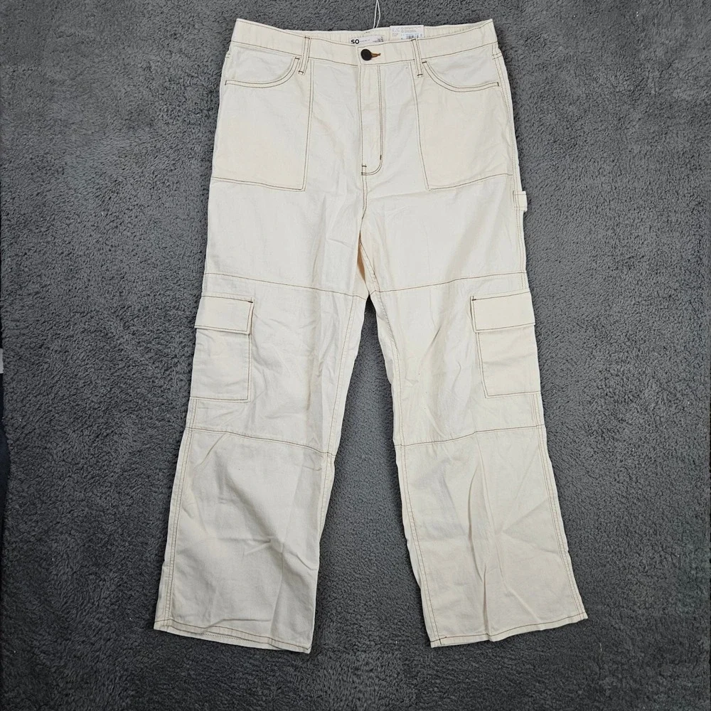 SO High Rise Cargo‎ Wide Leg Pants Cream Contrast Stitch XL NWT